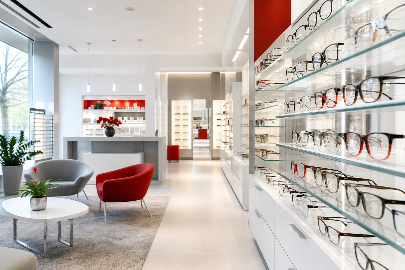 Modern optik mağaza iç mekanı — gözlük çerçeveleri ve danışmanlık alanı, Akademi Optik